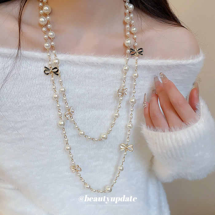 French Enamel Bow Faux Pearl Sweater Necklace Vintage Light Luxury Elegant Choker For Women