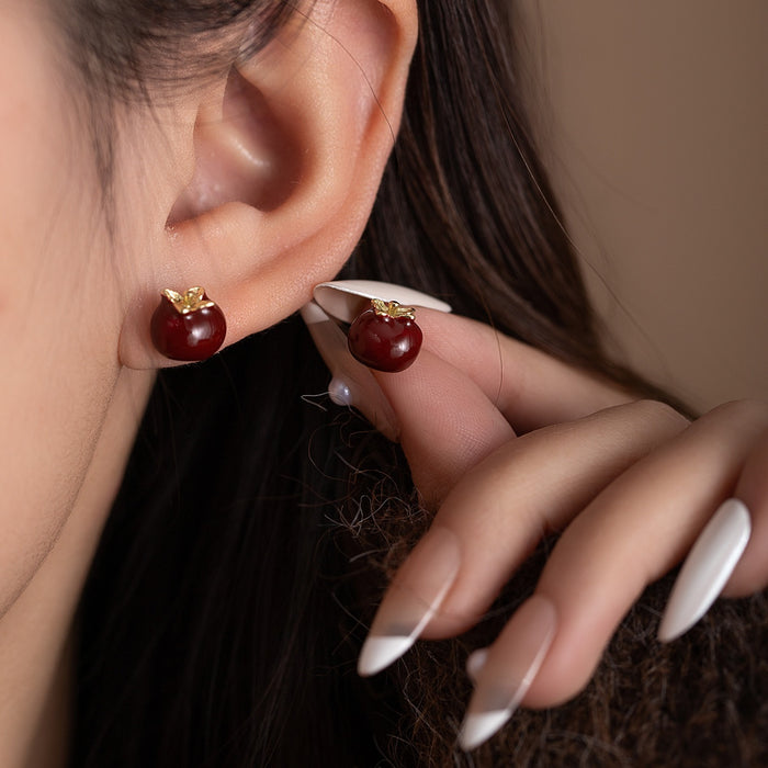 Vintage Luxury Red Persimmon Fruit Enamel Alloy Studs For Women Autumn Winter Elegant Fashion Earrings