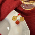 Vintage Asymmetric Gold Alloy Red Zircon Hollow Floral Knot Bead New Chinese Wedding Drop Earrings view 3
