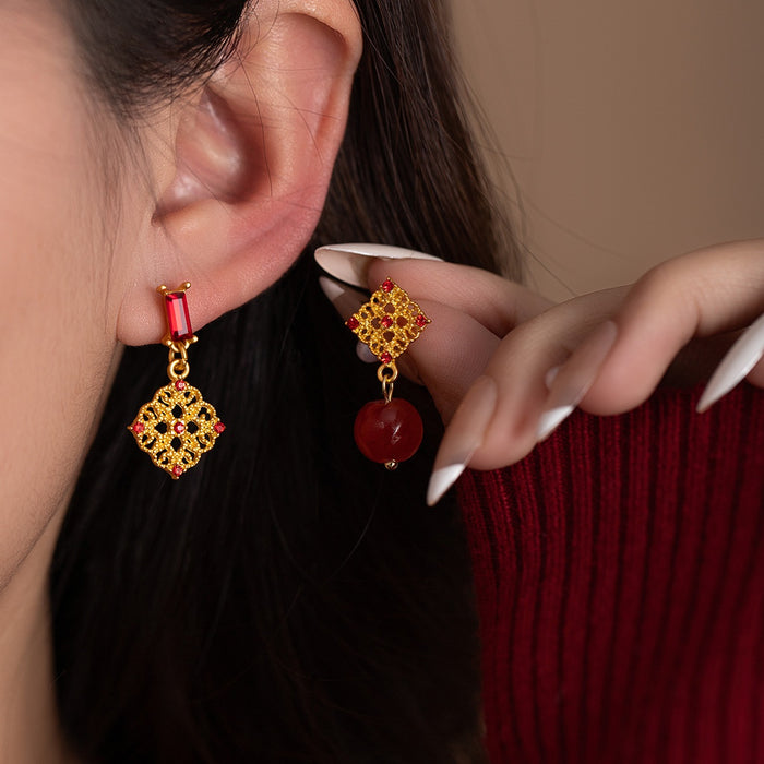 Vintage Asymmetric Gold Alloy Red Zircon Hollow Floral Knot Bead New Chinese Wedding Drop Earrings