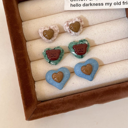 Resin Fabric Button Heart Stud Earrings With Silver Pins Casual Light Luxury Style