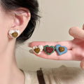 Resin Fabric Button Heart Stud Earrings With Silver Pins Casual Light Luxury Style view 1