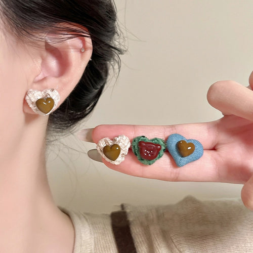 Resin Fabric Button Heart Stud Earrings With Silver Pins Casual Light Luxury Style