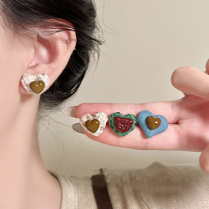 Resin Fabric Button Heart Stud Earrings With Silver Pins Casual Light Luxury Style