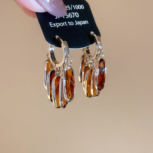 Vintage Faux Crystal Oval Tassel Drop Earrings For Women Geometric Light Luxury Designer Style