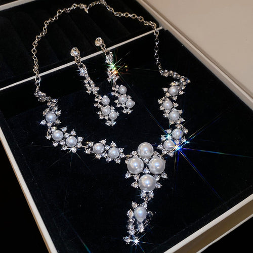 Light Luxury Faux Pearl Rhinestone Flower Necklace And Stud Earrings Jewelry Set For Women