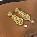 Vintage Luxury Gold Alloy Rhinestone Pearl Round Geometric Hollow Floral Drop Dangle Earrings view 3