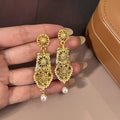 Vintage Luxury Gold Alloy Rhinestone Pearl Round Geometric Hollow Floral Drop Dangle Earrings view 4