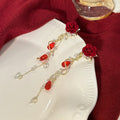 Elegant Vintage Red Flocked Rose Pearl Crystal Tassel Long Drop Alloy Statement Dangle Earrings view 4