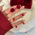 Elegant Vintage Red Flocked Rose Pearl Crystal Tassel Long Drop Alloy Statement Dangle Earrings view 2