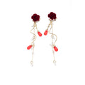 Elegant Vintage Red Flocked Rose Pearl Crystal Tassel Long Drop Alloy Statement Dangle Earrings view 5