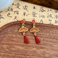 New Chinese Style Emerald Green Fan Bamboo Leaf Long Tassel Irregular Qipao Costume Earrings view 3