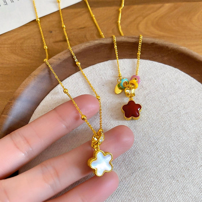 Metal Enamel Beaded Double Sided Flower Sweater Necklace Elegant Old Money Clavicle Chain