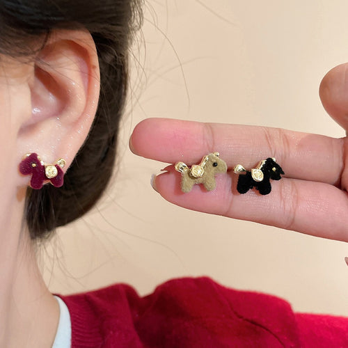 Alloy Flocked Pony Stud Earrings Vintage Casual Horse Animal Jewelry For Autumn Winter