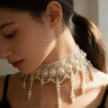 French Vintage Mesh Faux Pearl Tassel Choker Necklace, Elegant Old Money Geometric Collarbone Jewelry view 2