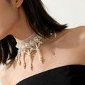 French Vintage Mesh Faux Pearl Tassel Choker Necklace, Elegant Old Money Geometric Collarbone Jewelry view 4