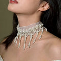 French Vintage Mesh Faux Pearl Tassel Choker Necklace, Elegant Old Money Geometric Collarbone Jewelry view 3