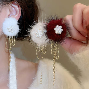 Faux Pearl Flower Tassel Drop Earrings With Plush Ball Silver Pin Fashion OL Geometric Round Design