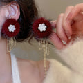 Faux Pearl Flower Tassel Drop Earrings With Plush Ball Silver Pin Fashion OL Geometric Round Design view 3