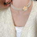 Rhinestone Flower Layered Faux Pearl Necklace French Vintage Elegant Light Luxury Collarbone Jewelry view 3