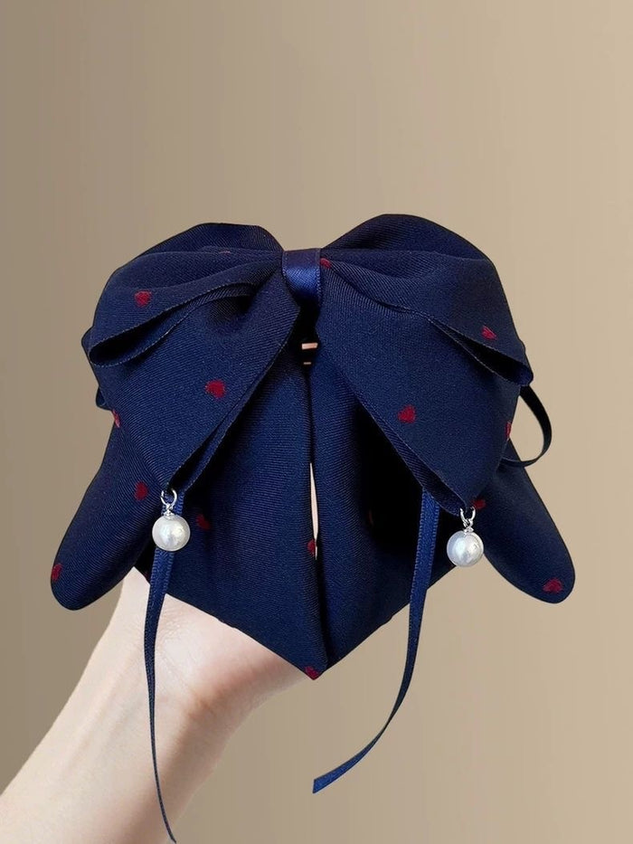 Satin Bow Hair Clip With Heart Tassel Polka Dot Accent