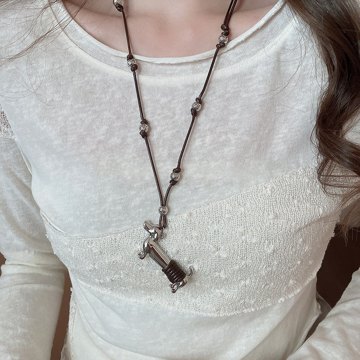 Light Luxury Alloy Heart Dachshund Wax Cord Sweater Necklace, Minimalist Trendy Pendant