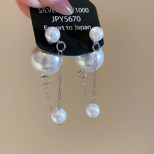 Round Faux Pearl Stud Earrings With Silver Pins, Modern Geometric Light Luxury Style