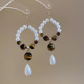 Vintage Maillard Style Faux Pearl Tiger Eye Beaded Geometric Round Hook Earrings For Women view 2