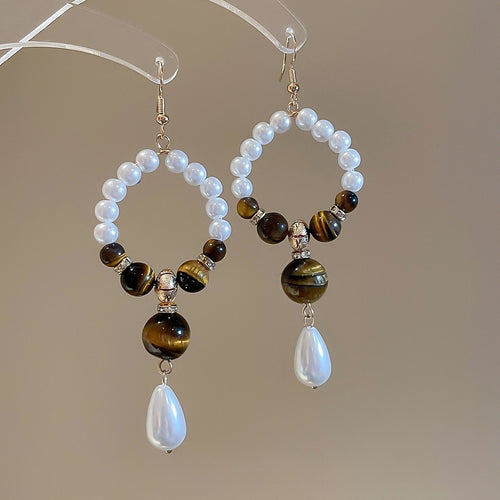 Vintage Maillard Style Faux Pearl Tiger Eye Beaded Geometric Round Hook Earrings For Women