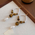 Vintage Maillard Style Faux Pearl Tiger Eye Beaded Geometric Round Hook Earrings For Women view 4