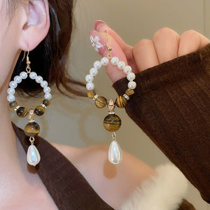 Vintage Maillard Style Faux Pearl Tiger Eye Beaded Geometric Round Hook Earrings For Women