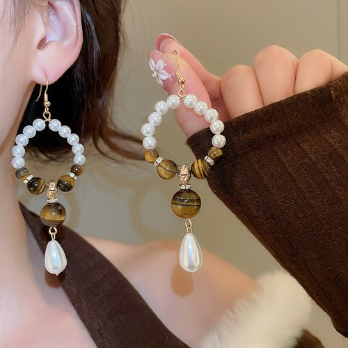 Vintage Maillard Style Faux Pearl Tiger Eye Beaded Geometric Round Hook Earrings For Women
