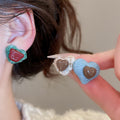 Fabric Button Resin Heart Stud Earrings With Silver Pins, Sweet Minimalist Versatile Light Luxury Jewelry view 2