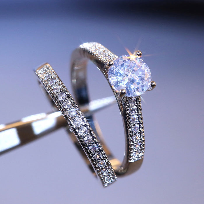 Light Luxury Couple Rings With Small Round Four Prong Zircon Wedding Proposal Jewelry