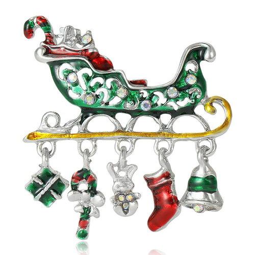 Alloy Enamel Christmas Sleigh Car Brooch Pin For Holiday Accessories