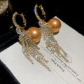 French Vintage Faux Pearl Zircon Tassel Hoop Earrings, Light Luxury Geometric Round Style view 2