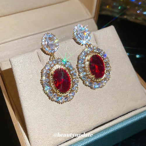 Gold Plated Copper Oval Zircon Stud Earrings With Silver Posts Court Style Luxury Jewelry