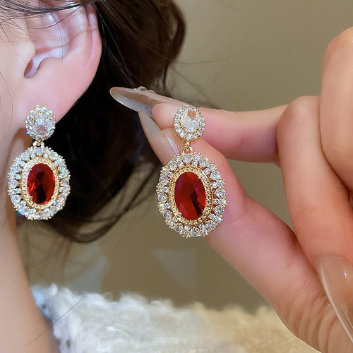 Gold Plated Copper Oval Zircon Stud Earrings With Silver Posts Court Style Luxury Jewelry