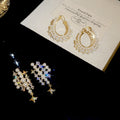 Light Luxury Geometric Star Zircon Faux Pearl Tassel Stud Earrings For Elegant Women view 4