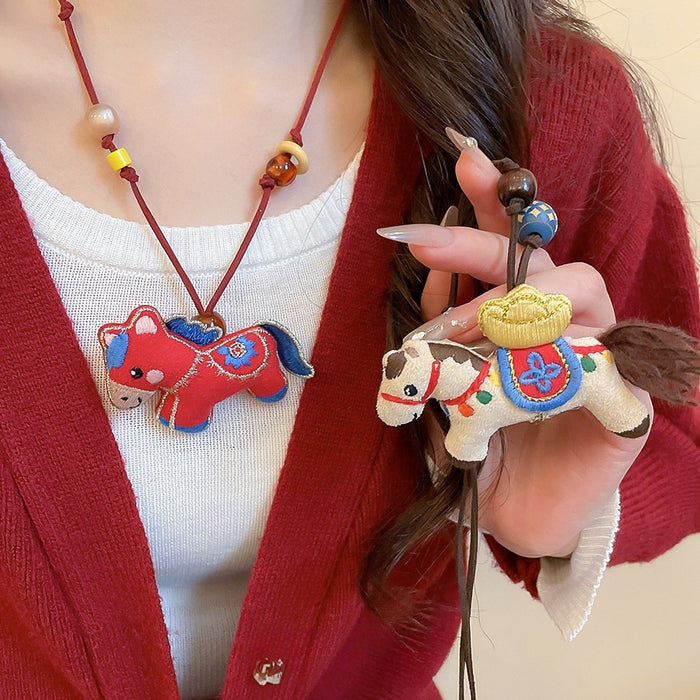 Light Luxury Cloth And Wood Bead Horse Zodiac Sweater Necklace Fashion Choker