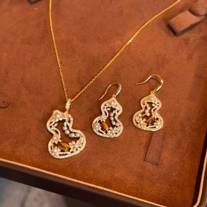 Maillard Style Faux Pearl Tiger Eye Hollow Gourd Necklace And Ear Hook Jewelry Set