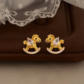 Gold Plated Copper Zircon Horse Stud Earrings With Silver Pins New Chinese Light Luxury Style view 1