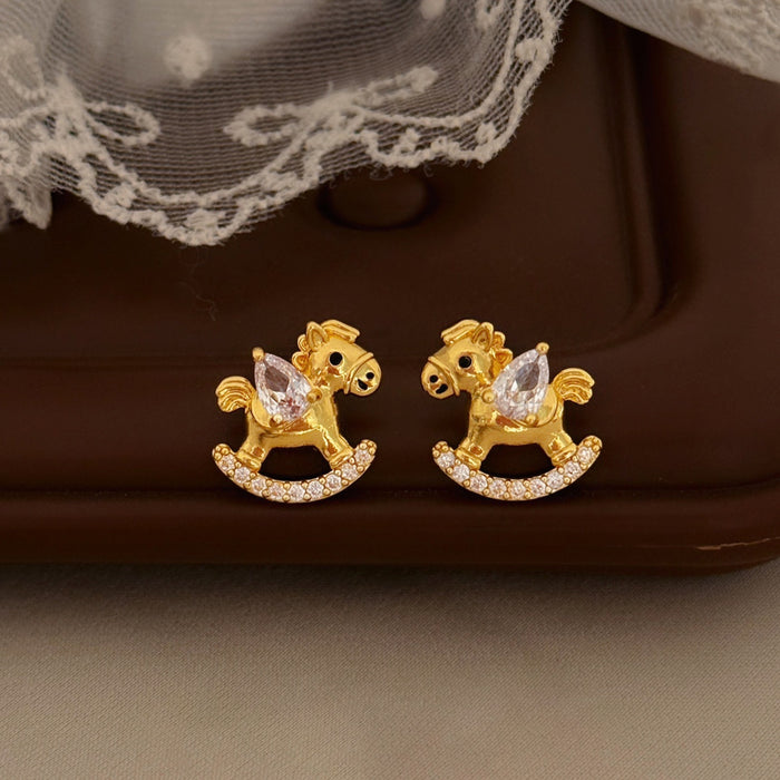 Gold Plated Copper Zircon Horse Stud Earrings With Silver Pins New Chinese Light Luxury Style