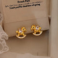Gold Plated Copper Zircon Horse Stud Earrings With Silver Pins New Chinese Light Luxury Style view 3