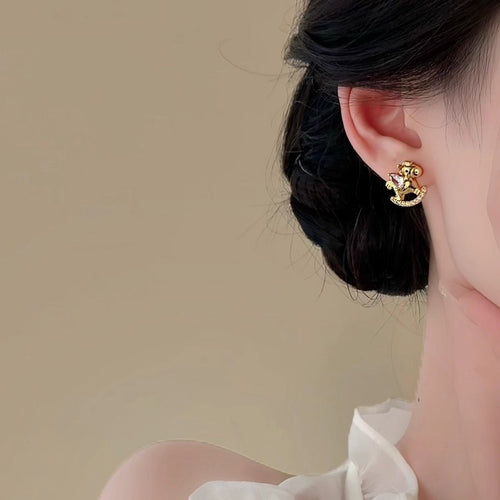 Gold Plated Copper Zircon Horse Stud Earrings With Silver Pins New Chinese Light Luxury Style