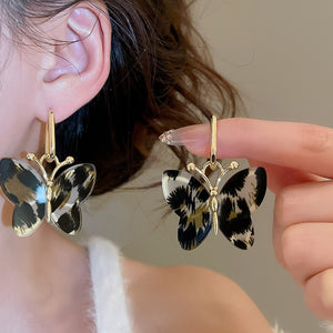 Retro Maillard Acetate Leopard Print Butterfly Pendant Drop Earrings For Women