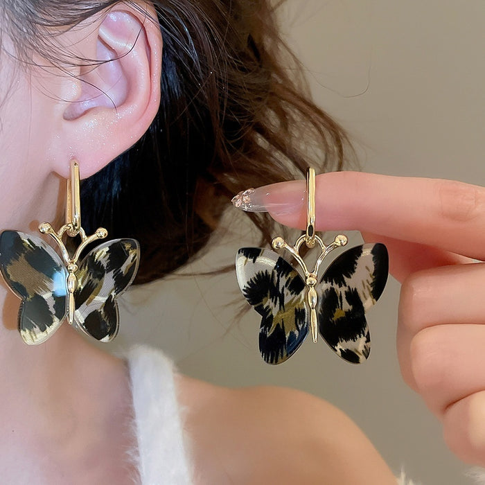 Retro Maillard Acetate Leopard Print Butterfly Pendant Drop Earrings For Women