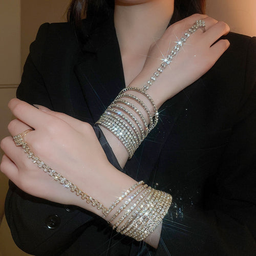 Rhinestone Layered Copper Bangle Ring Bracelet, Elegant Luxury Statement Round Hand Jewelry