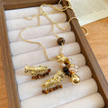 Vintage Alloy Tiger Eye Star Pearl Tassel Necklace And Stud Earrings Jewelry Set view 1