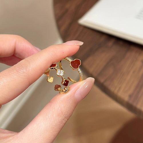 Gold Plated Zircon Enamel Gourd Flower Open Ring For Women